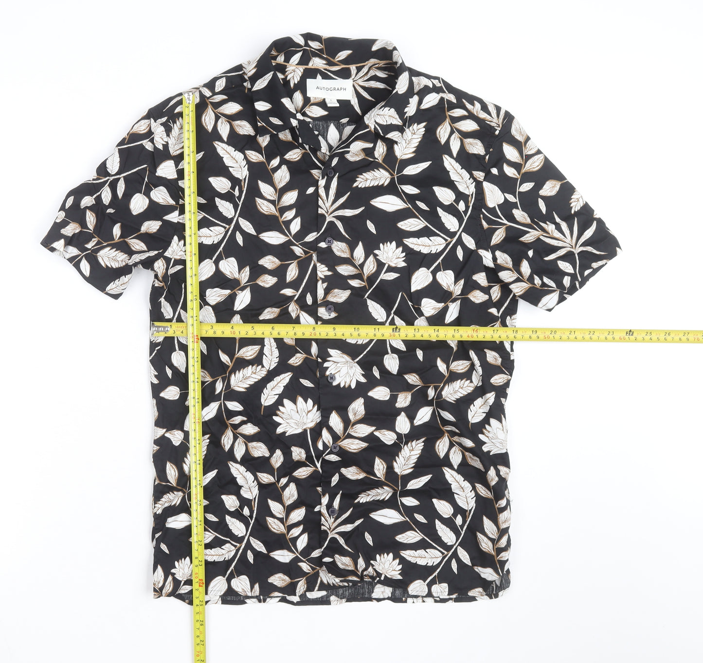 Marks and Spencer Men's Black Floral Cotton Short Sleeve Shirt Size S