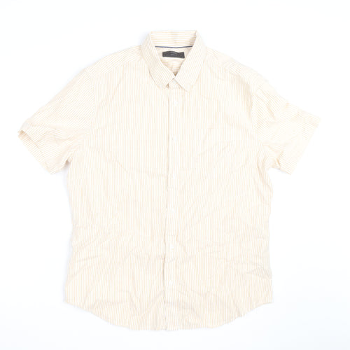 Marks and Spencer Men's Beige Striped Cotton Short Sleeve Button-Up Shirt L
