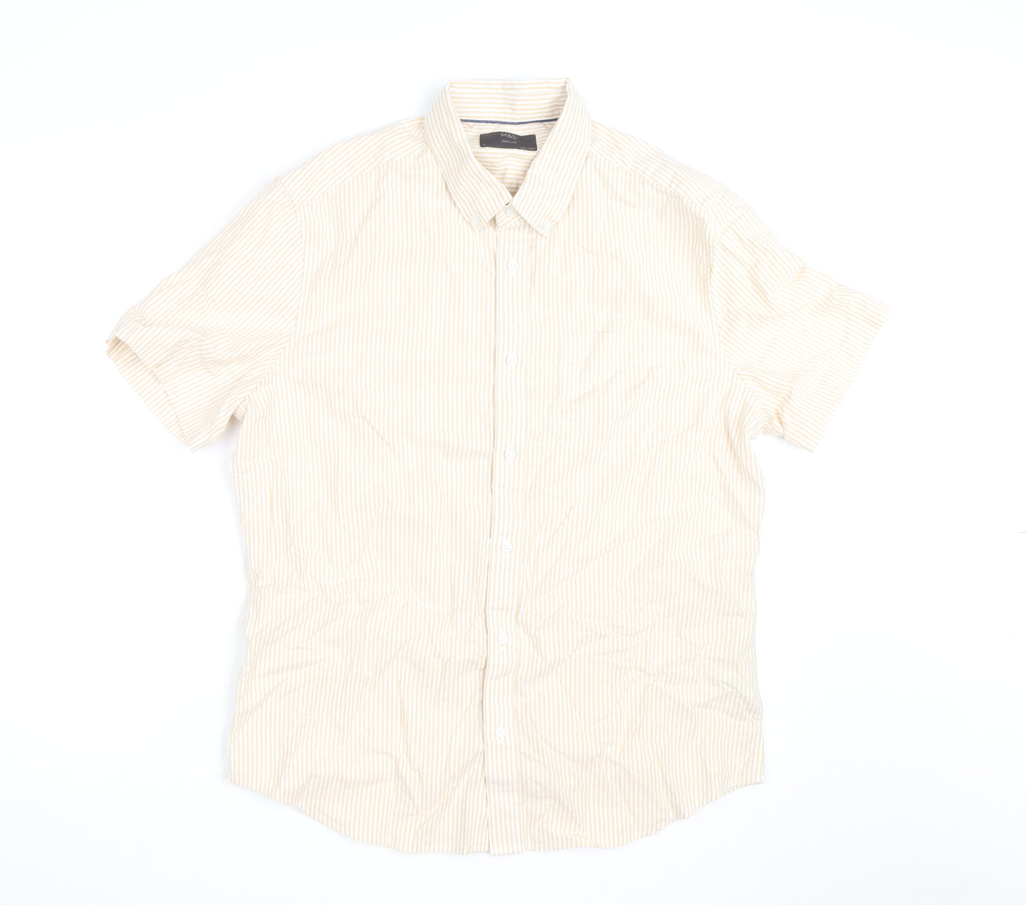 Marks and Spencer Men's Beige Striped Cotton Short Sleeve Button-Up Shirt L