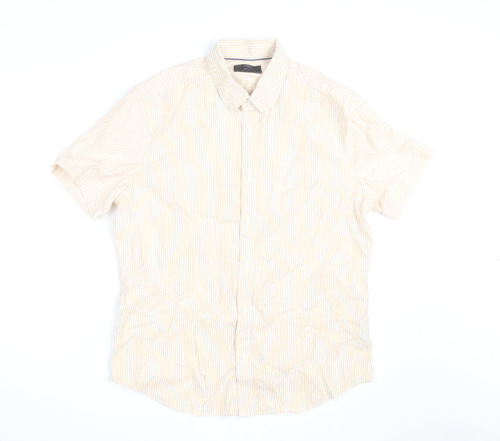 Marks and Spencer Men's Beige Striped Cotton Short Sleeve Button-Up Shirt L