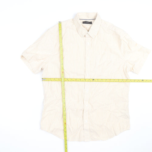 Marks and Spencer Men's Beige Striped Cotton Short Sleeve Button-Up Shirt L