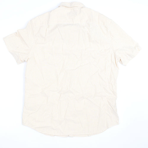 Marks and Spencer Men's Beige Striped Cotton Short Sleeve Button-Up Shirt L