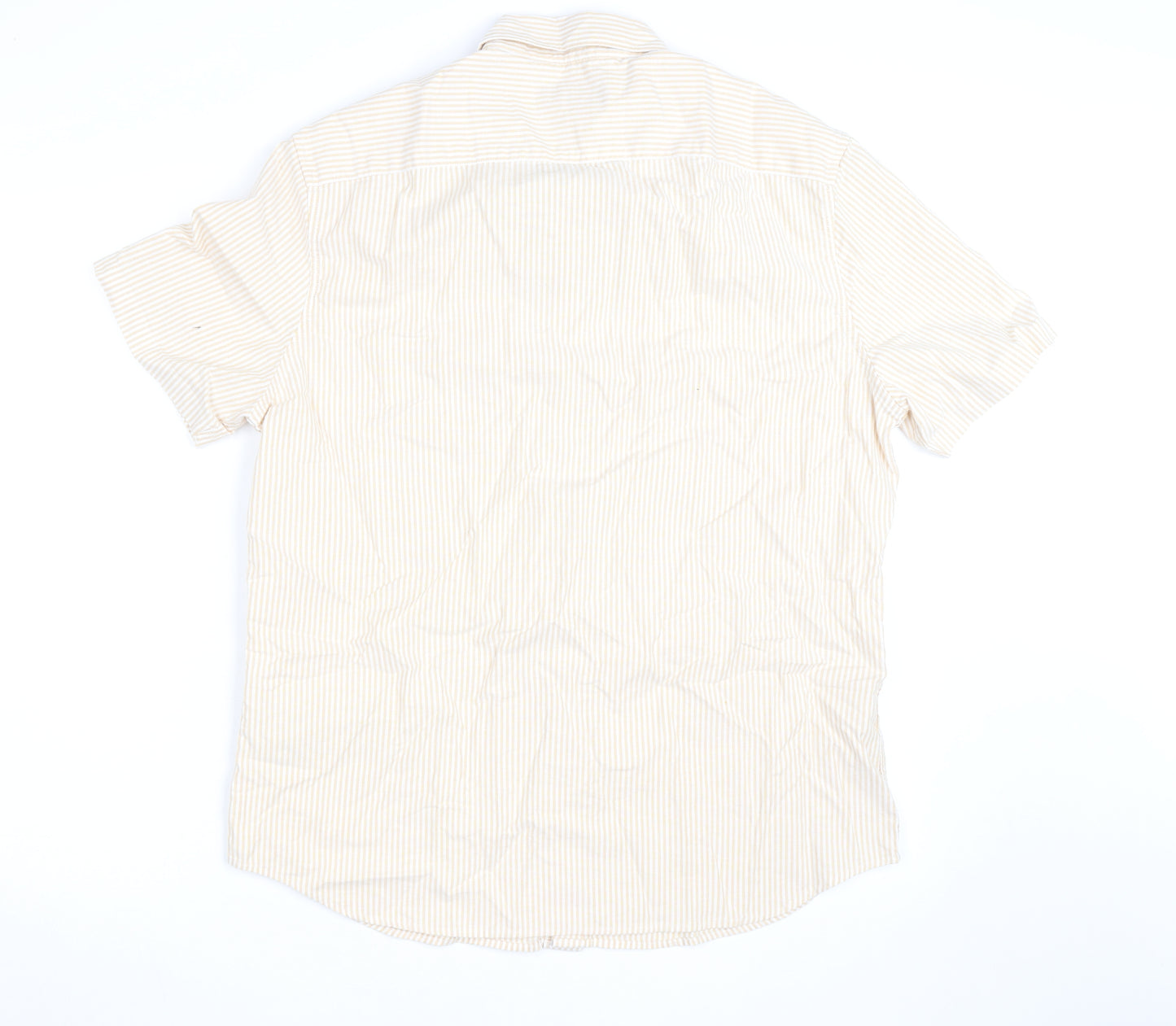 Marks and Spencer Men's Beige Striped Cotton Short Sleeve Button-Up Shirt L