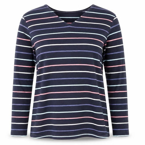 Cotton Traders Women’s Blue Striped Long Sleeve V-Neck Top Size 14
