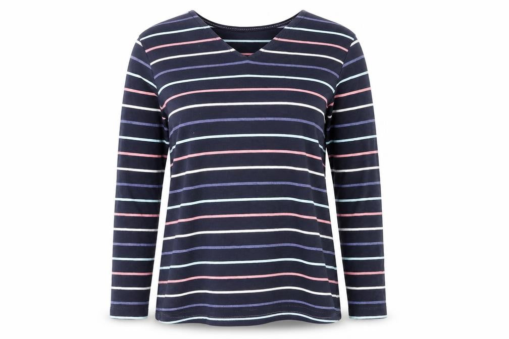 Cotton Traders Women’s Blue Striped Long Sleeve V-Neck Top Size 14