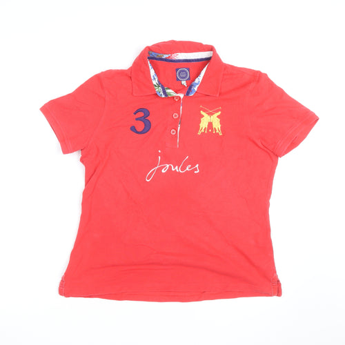 Joules Womens Red Polo Shirt Size 12 Classic Embroidered Cotton