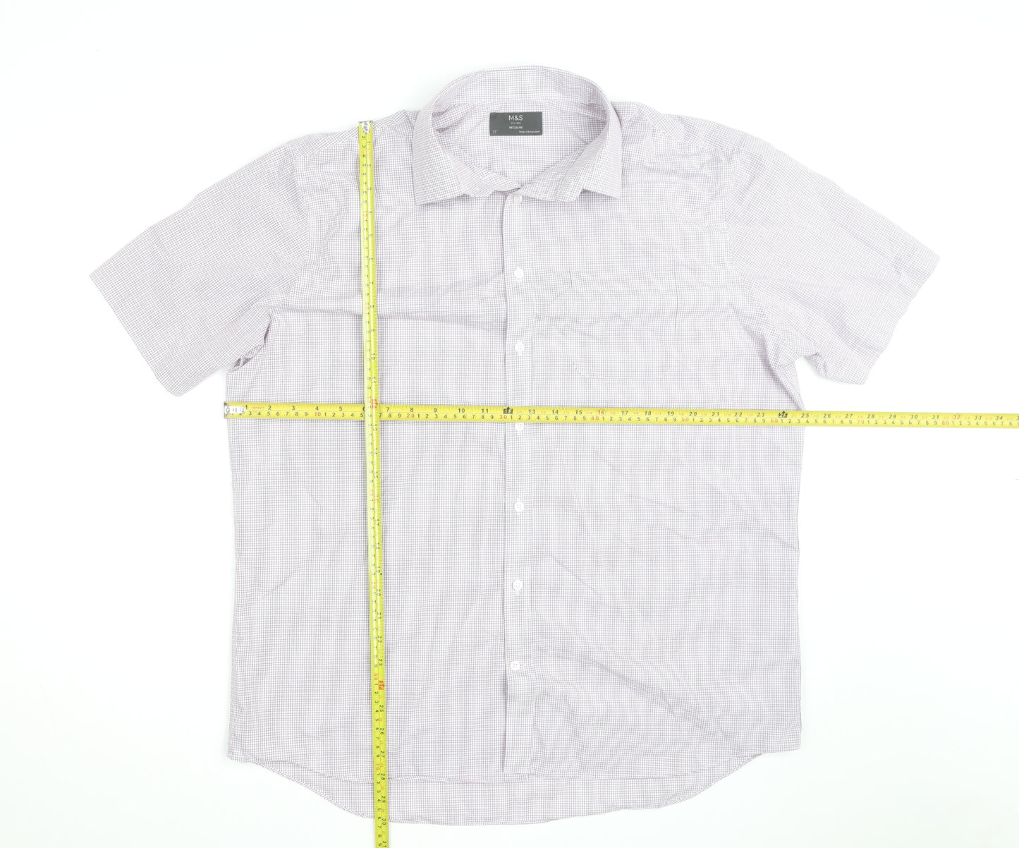 Marks and Spencer Men’s White Check Short Sleeve Regular Fit Shirt Size 17