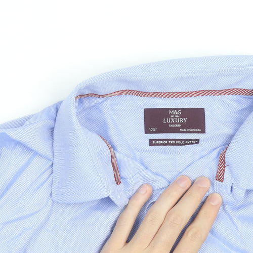 Marks and Spencer Men's Blue Cotton Long Sleeve Slim Fit Shirt 17.25