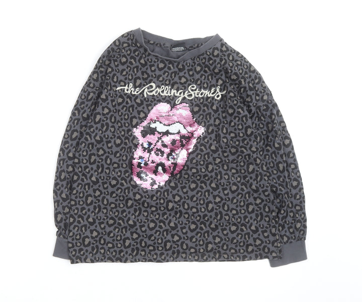 The Rolling Stones Women's Grey Leopard Sequin Long Sleeve T-Shirt Size 8