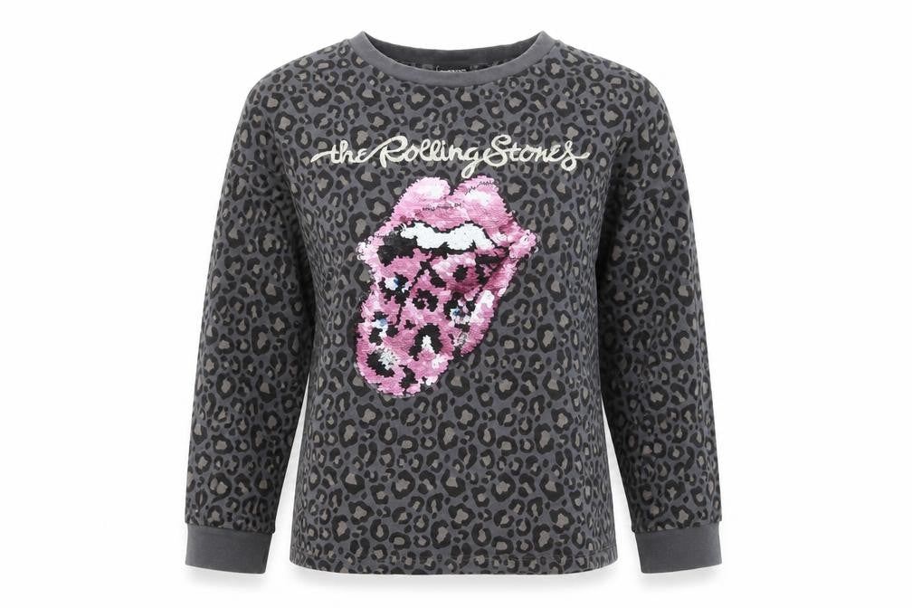 Front view of The Rolling Stones Women's Grey Leopard Sequin Long Sleeve T-Shirt, size 8