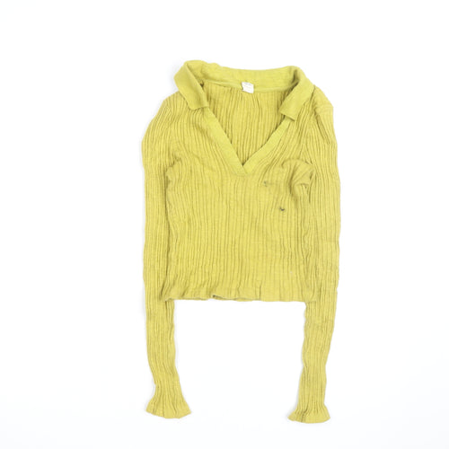 Urban Outfitters Women's Green V-Neck Ribbed Knit Jumper Size S