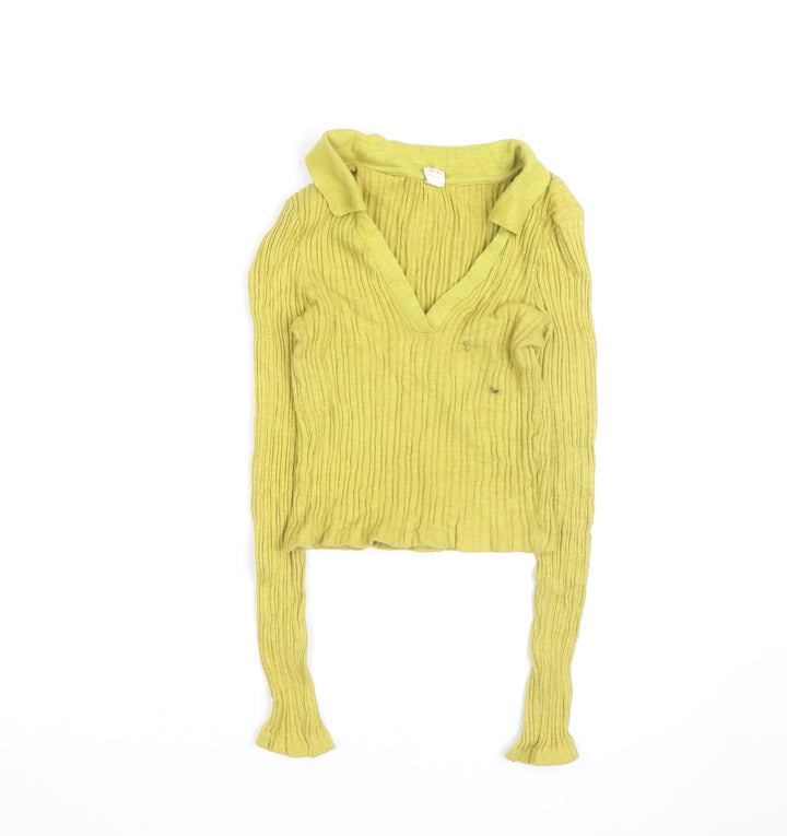 Urban Outfitters Women's Green V-Neck Ribbed Knit Jumper Size S