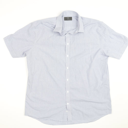 Marks and Spencer Men's Blue Check Short Sleeve Button-Up Shirt Size 17