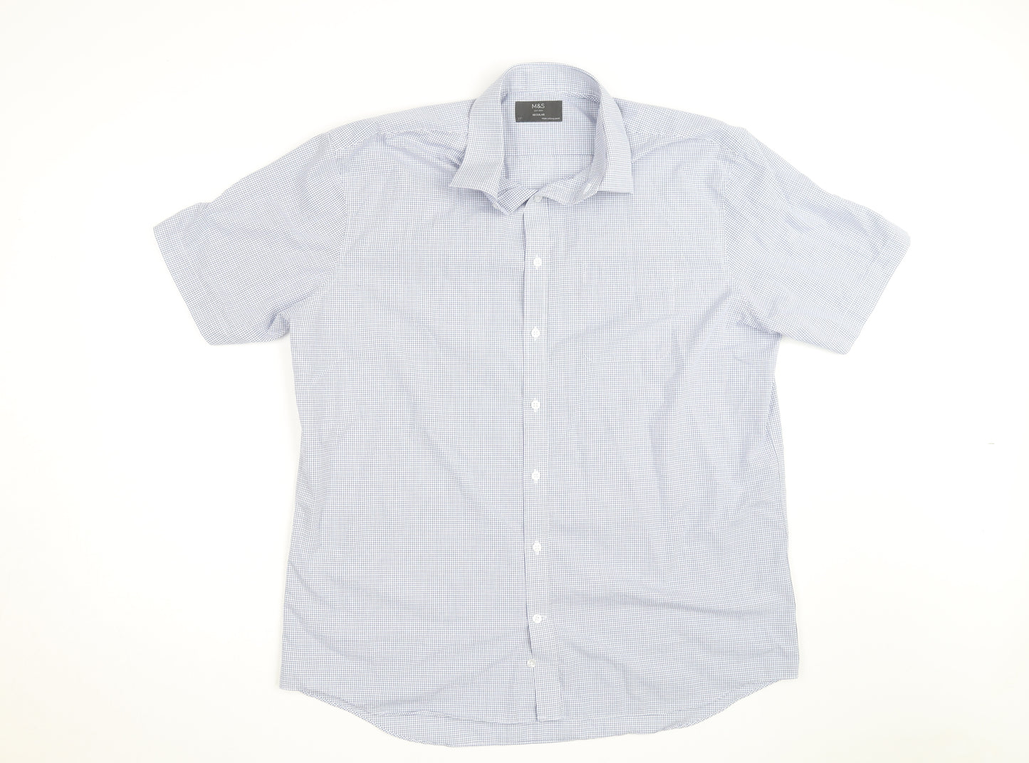 Marks and Spencer Men's Blue Check Short Sleeve Button-Up Shirt Size 17