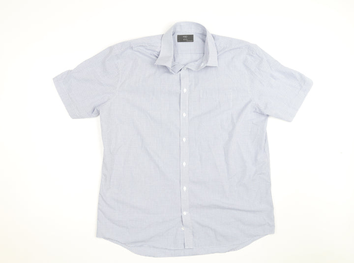 Marks and Spencer Men's Blue Check Short Sleeve Button-Up Shirt Size 17