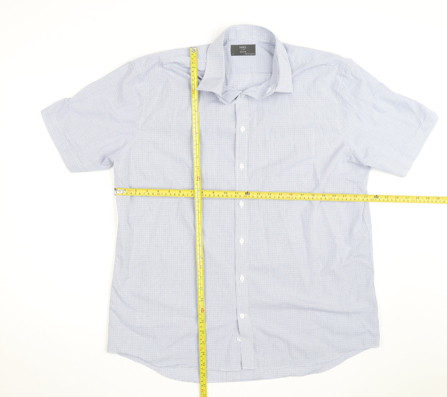Marks and Spencer Men's Blue Check Short Sleeve Button-Up Shirt Size 17