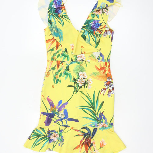 Quiz Women’s Yellow Floral Bodycon Ruffle Dress Size 12