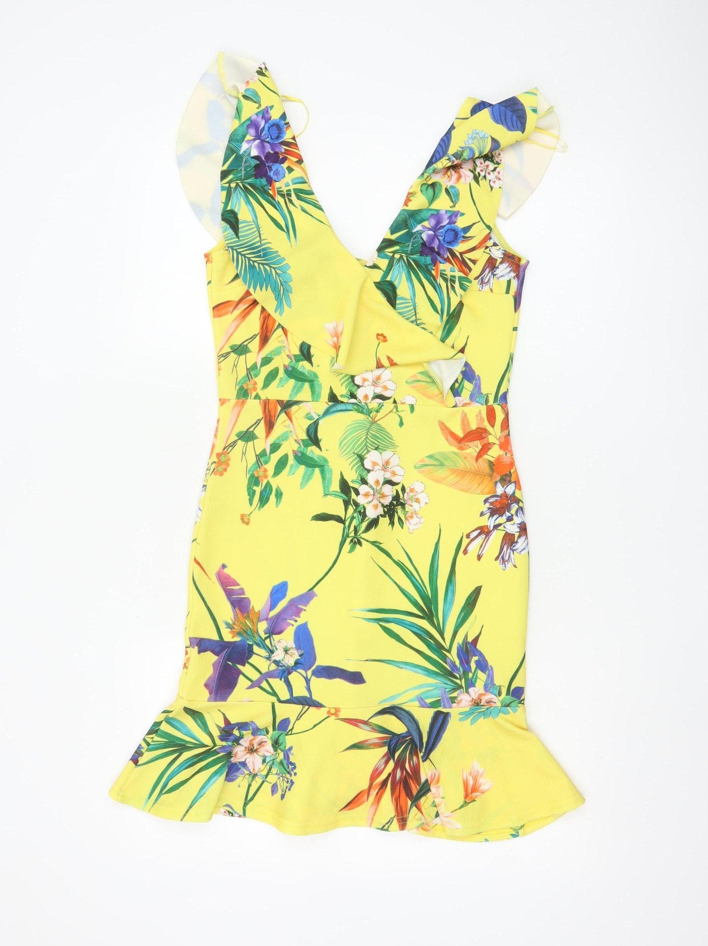 Quiz Women’s Yellow Floral Bodycon Ruffle Dress Size 12