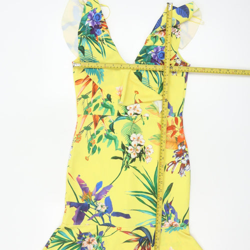 Quiz Women’s Yellow Floral Bodycon Ruffle Dress Size 12