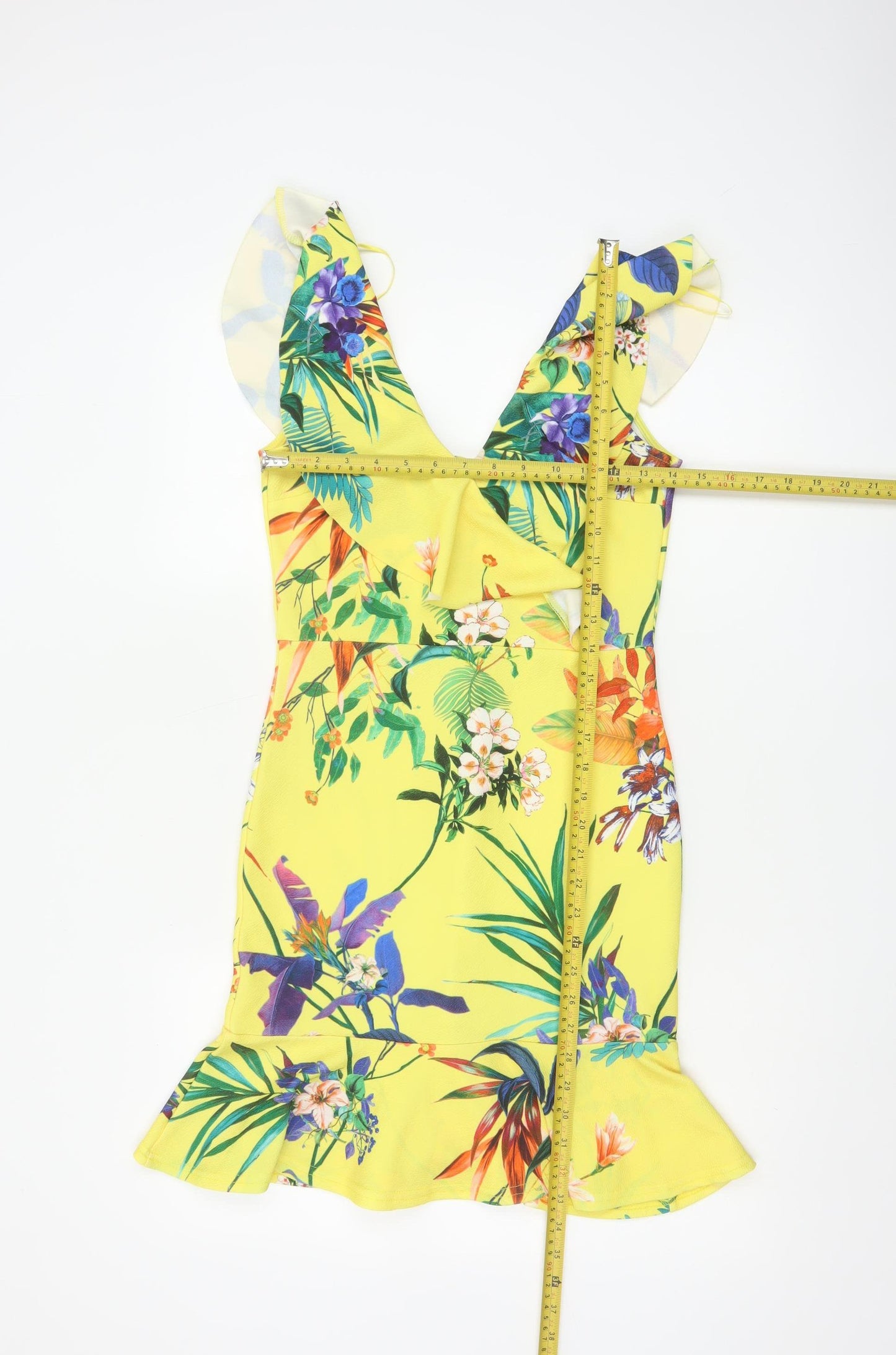 Quiz Women’s Yellow Floral Bodycon Ruffle Dress Size 12