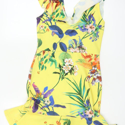 Quiz Women’s Yellow Floral Bodycon Ruffle Dress Size 12