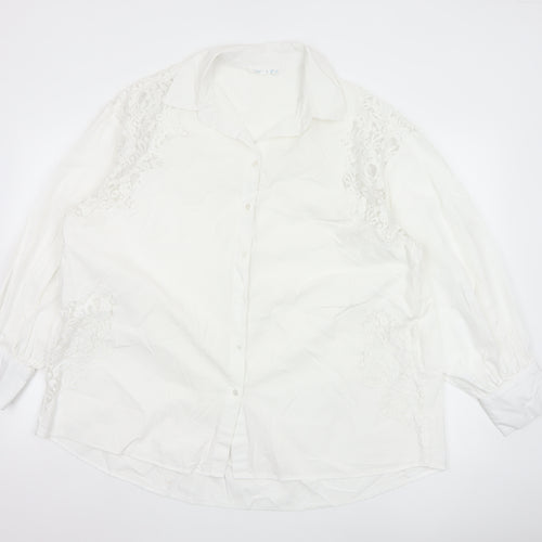 Primark Women White L Collared Lace Button-Up Shirt Long Sleeve