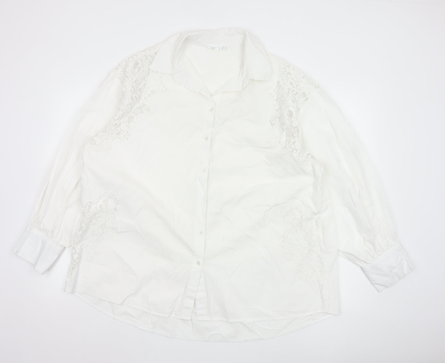 Primark Women White L Collared Lace Button-Up Shirt Long Sleeve