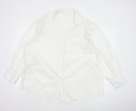 Primark Women White L Collared Lace Button-Up Shirt Long Sleeve