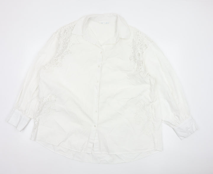 Primark Women White L Collared Lace Button-Up Shirt Long Sleeve