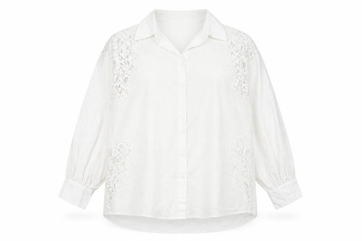 Primark Women White L Collared Lace Button-Up Shirt Long Sleeve