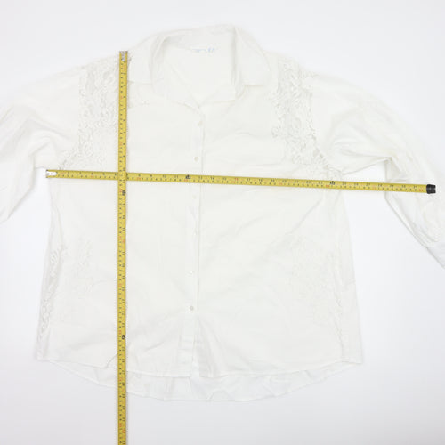 Primark Women White L Collared Lace Button-Up Shirt Long Sleeve