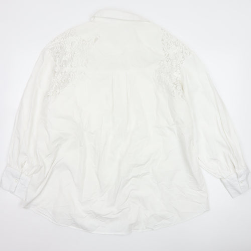 Primark Women White L Collared Lace Button-Up Shirt Long Sleeve