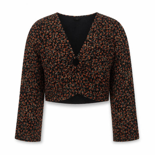 Front view of Urban Outfitters Women Black Floral Cropped Blouse, size S, Retro Style