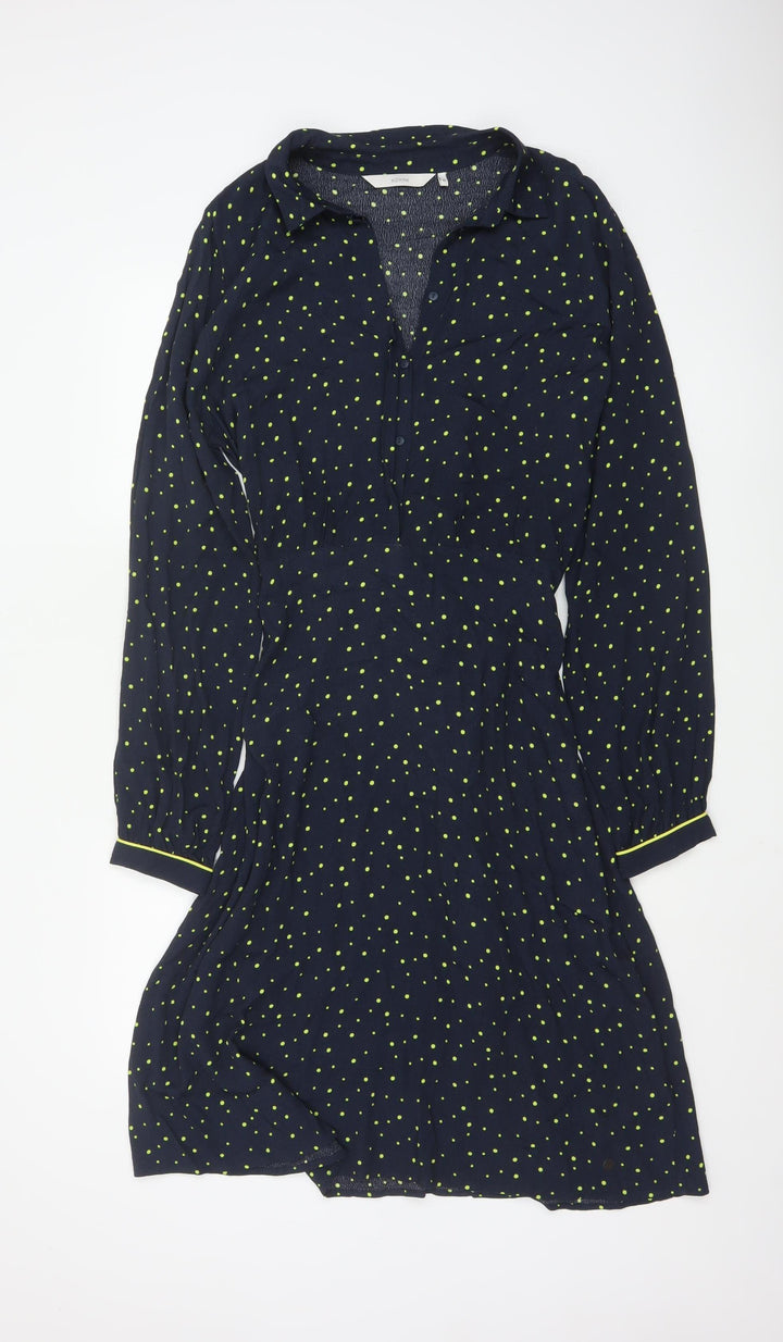 Nümph Women Blue Polka Dot Shirt Dress Size 12 Collared Long Sleeve