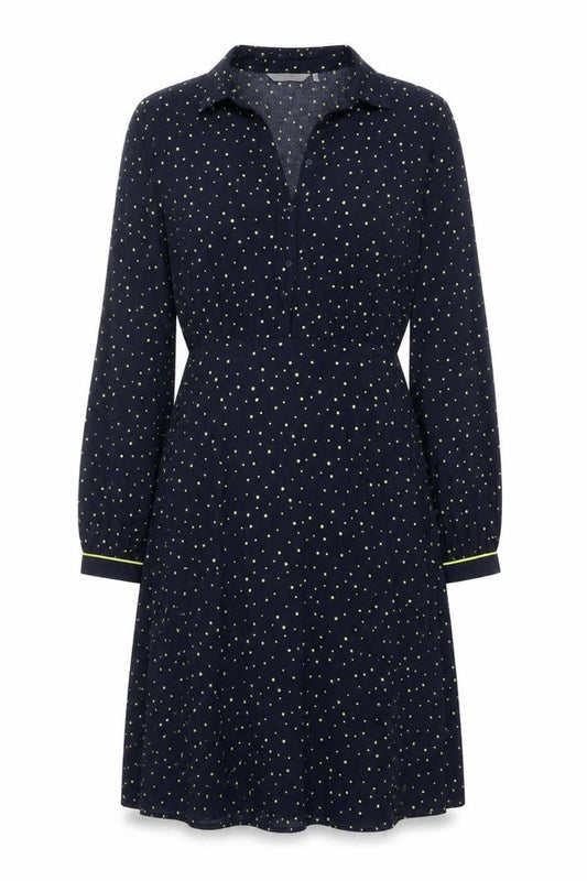 Front view of Nümph Women Blue Polka Dot Shirt Dress, size 12, Collared Long Sleeve