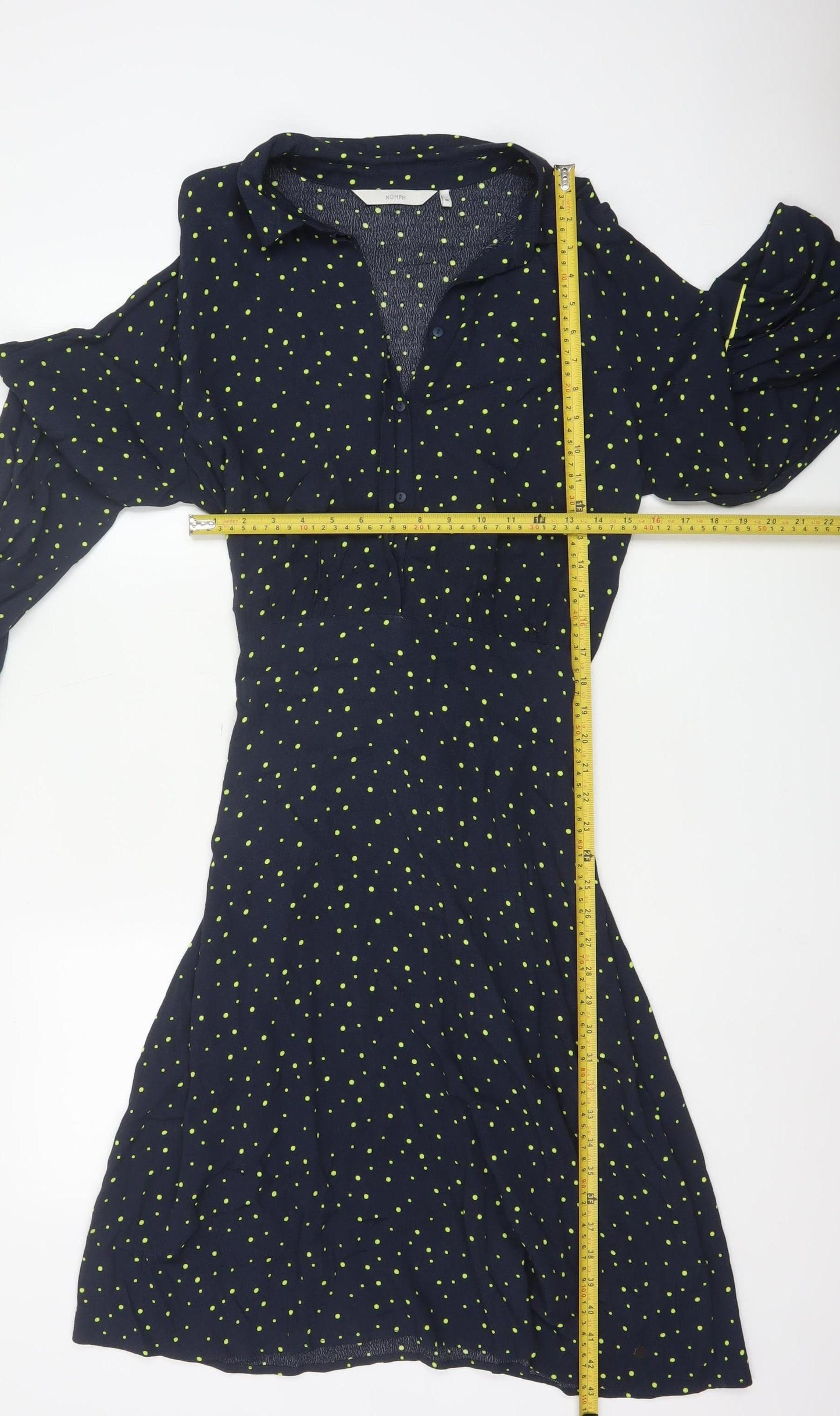 Nümph Women Blue Polka Dot Shirt Dress Size 12 Collared Long Sleeve