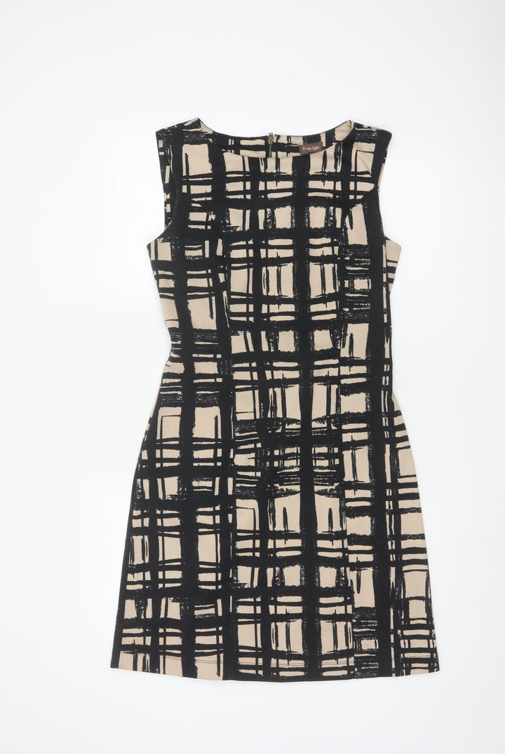 Phase Eight Women Beige Black Check Shift Dress Size 10 Sleeveless