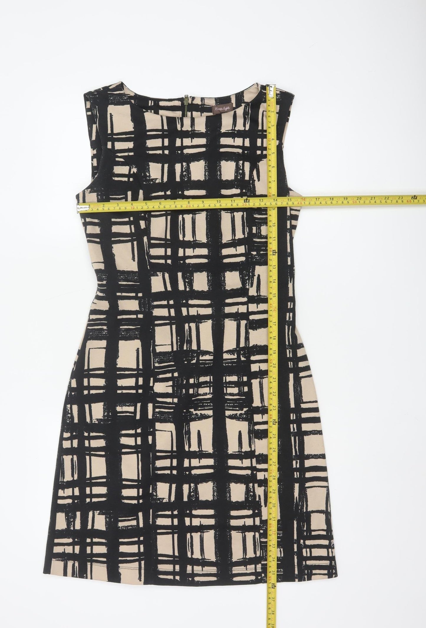 Phase Eight Women Beige Black Check Shift Dress Size 10 Sleeveless