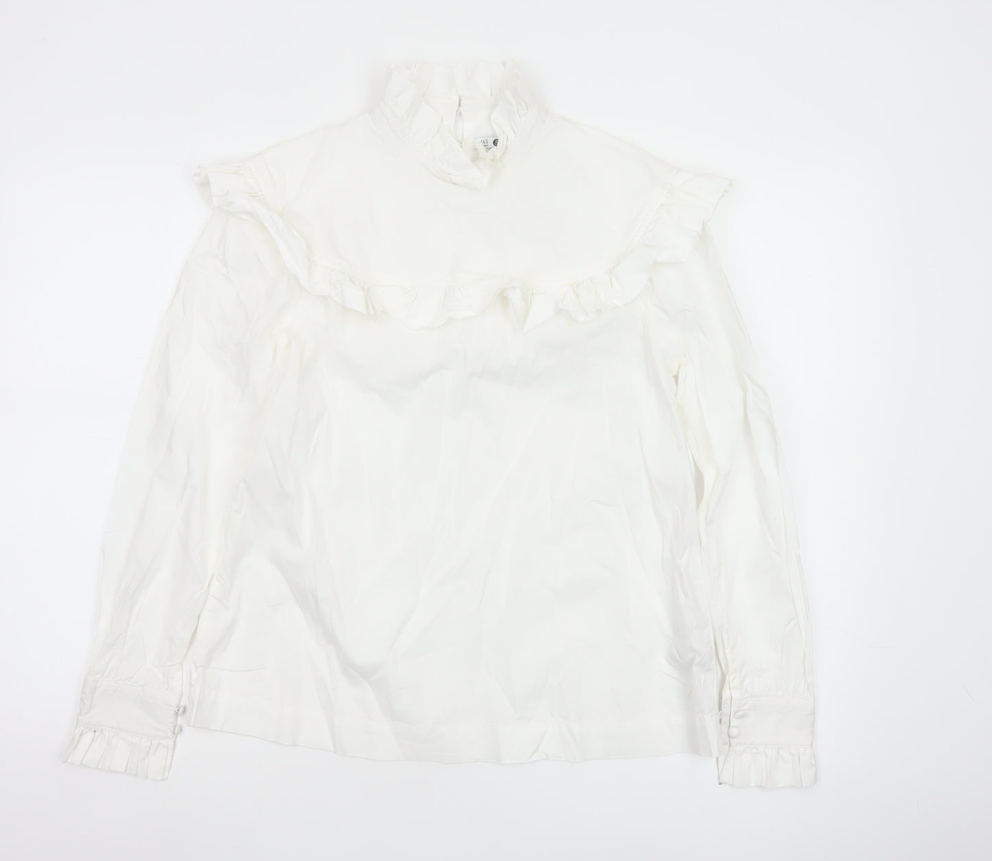 Marks and Spencer Women’s White Cotton Ruffle High Neck Blouse Size 12