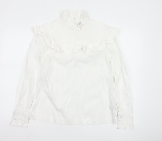 Marks and Spencer Women’s White Cotton Ruffle High Neck Blouse Size 12