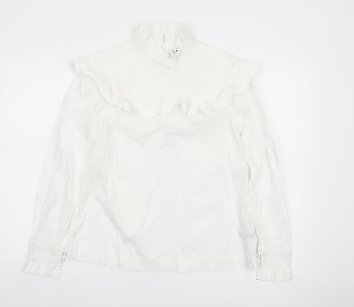 Marks and Spencer Women’s White Cotton Ruffle High Neck Blouse Size 12