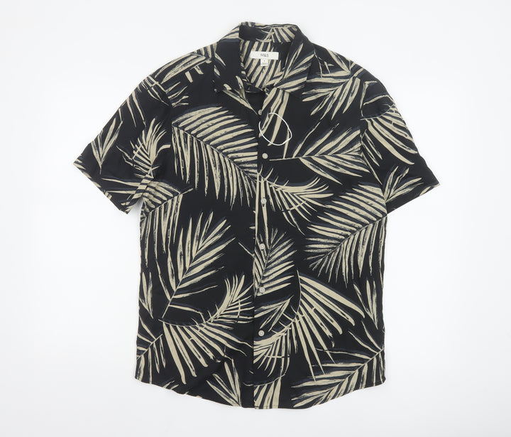 Marks and Spencer Men's Black Tropical Short Sleeve Button-Up Shirt Size S