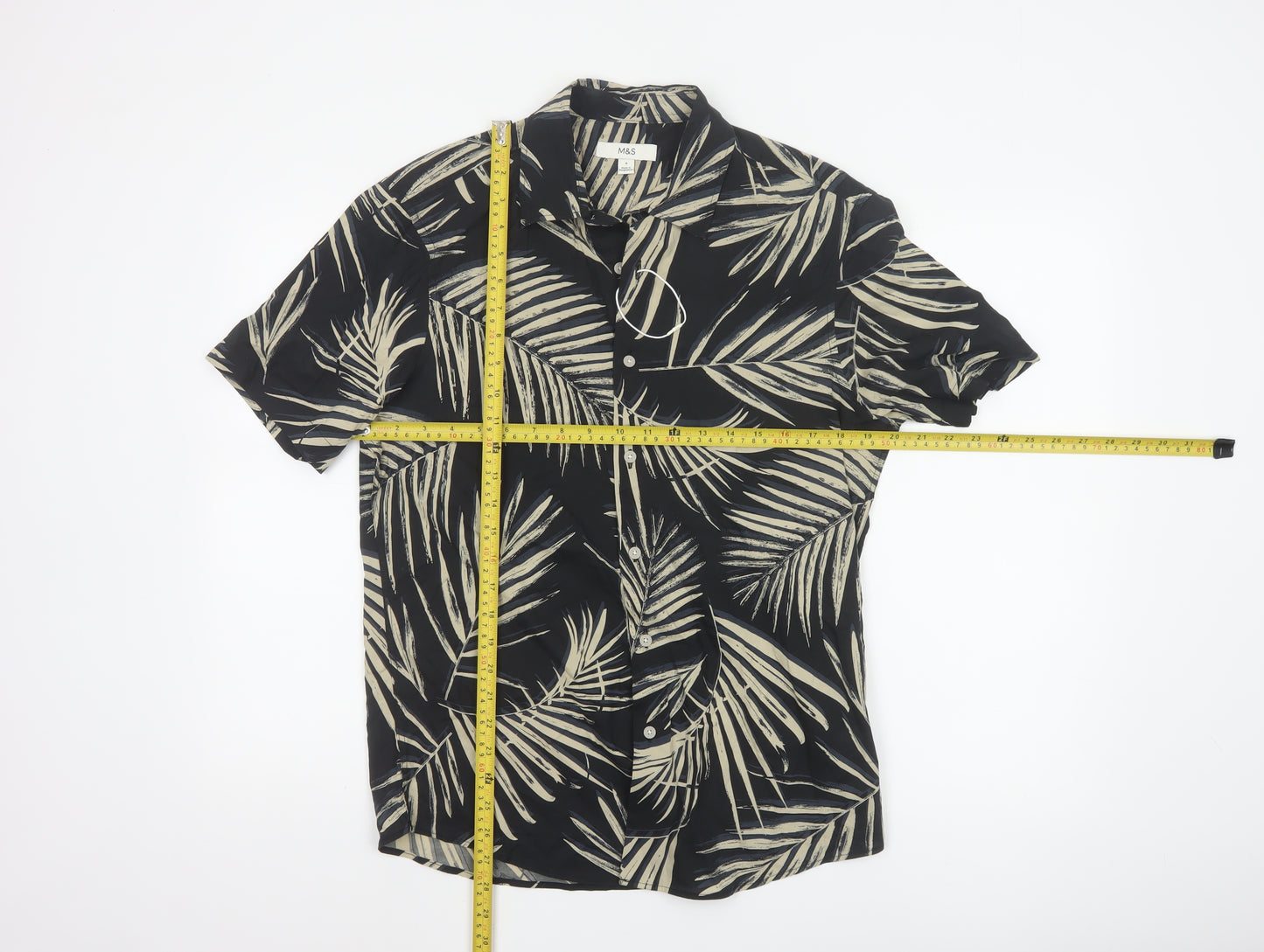 Marks and Spencer Men's Black Tropical Short Sleeve Button-Up Shirt Size S