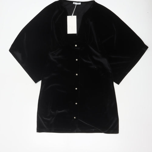 ZARA Women Black Velvet V-Neck Kimono Sleeve Shift Dress Size 8