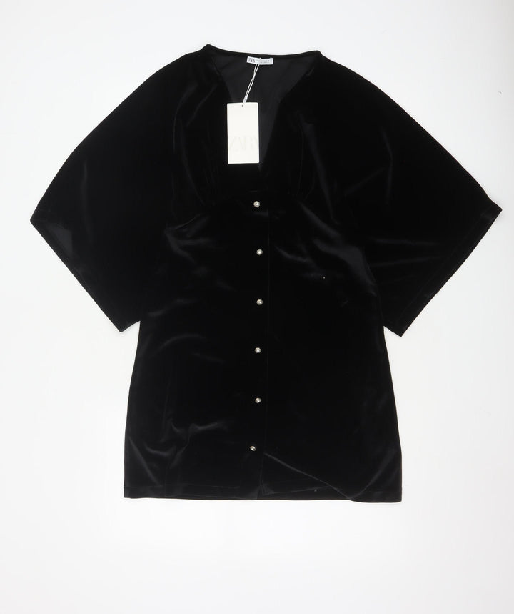 ZARA Women Black Velvet V-Neck Kimono Sleeve Shift Dress Size 8