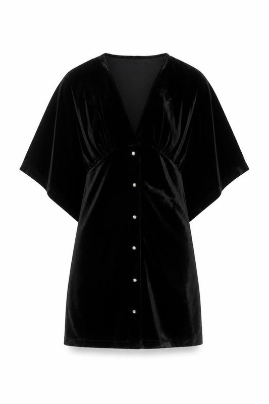 Front view of Zara Women Black Velvet V-Neck Kimono Sleeve Shift Dress, size 8