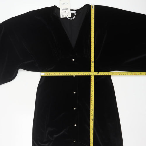 ZARA Women Black Velvet V-Neck Kimono Sleeve Shift Dress Size 8