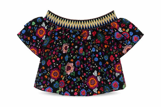 Front view of Guess women’s multicoloured floral off shoulder boho blouse xs