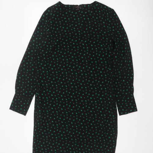 Next Women Black Green Floral Shift Dress Size 10 Long Sleeve