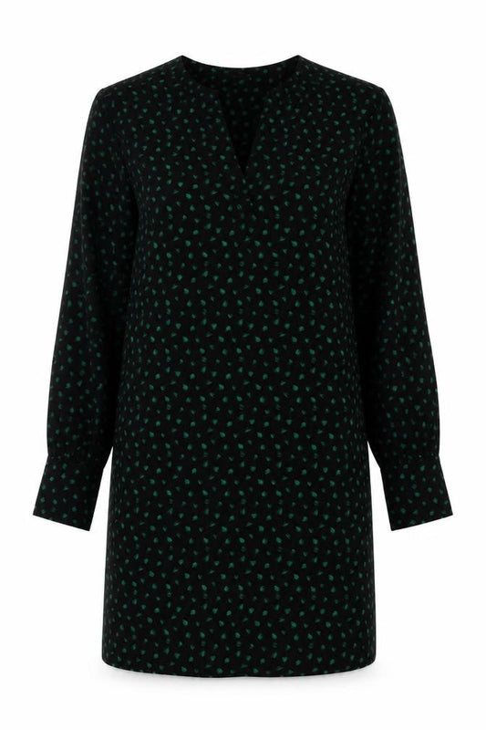 Front view of Next Women Black Green Floral Shift Dress, size 10, Long Sleeve